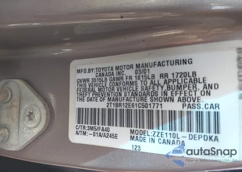 2001 Toyota Corolla Le z USA, uszkodzony, nr VIN 2T1BR12E61C501771